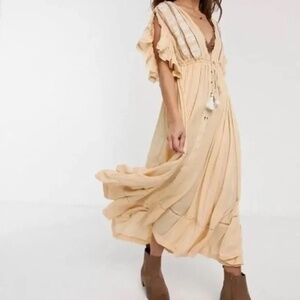Free People Bali Will Wait For You M Embroidered Ruffle Midi V-Neck Dress Boho